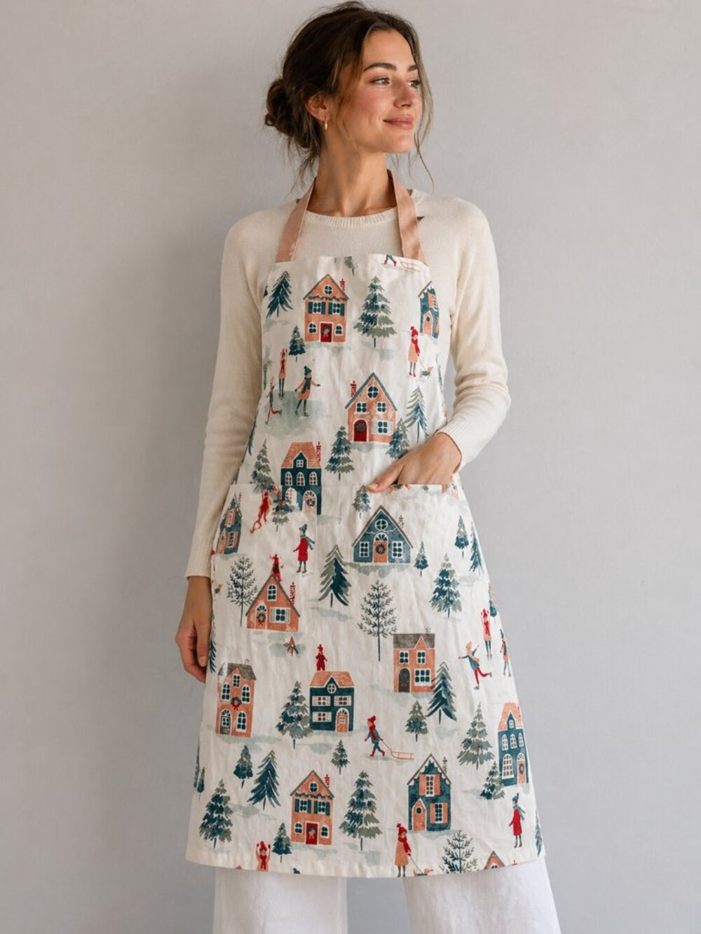 New Cotton Apron Winter Village Print Kitchen Cooking Baking Holiday Cottagecore